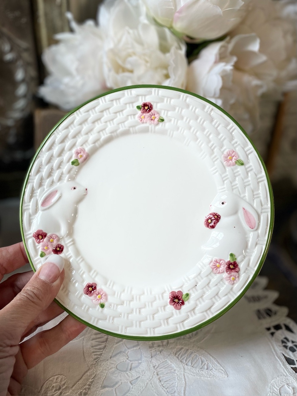 Vintage white lattice bunny flowers ceramic lunch plate